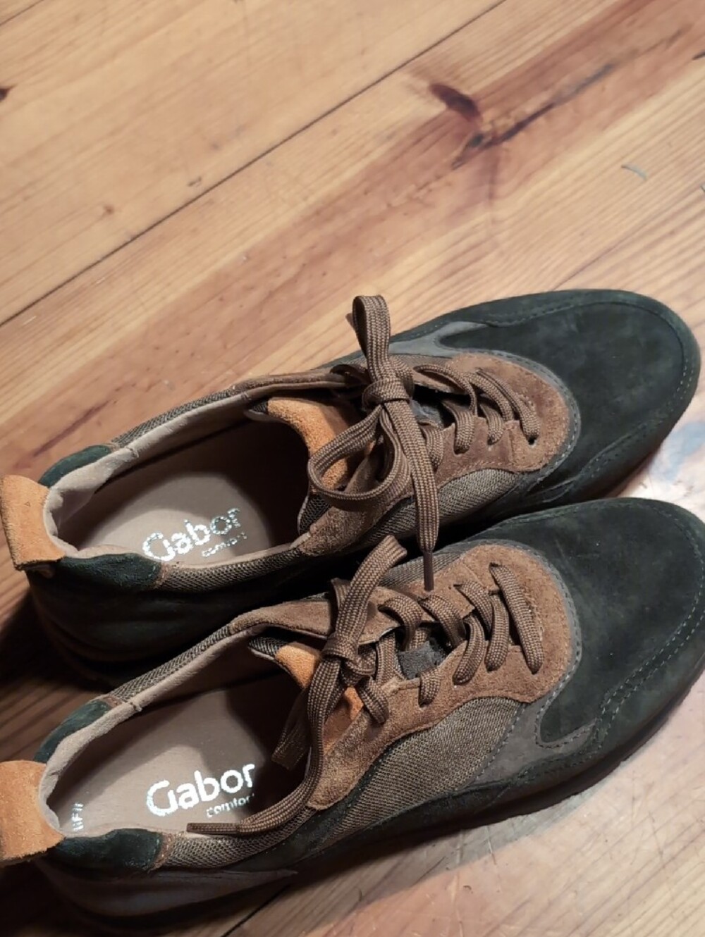 Gabor Casual Suede and Mesh Sneaker in Olive Green and Tan - Picture 2 of 3